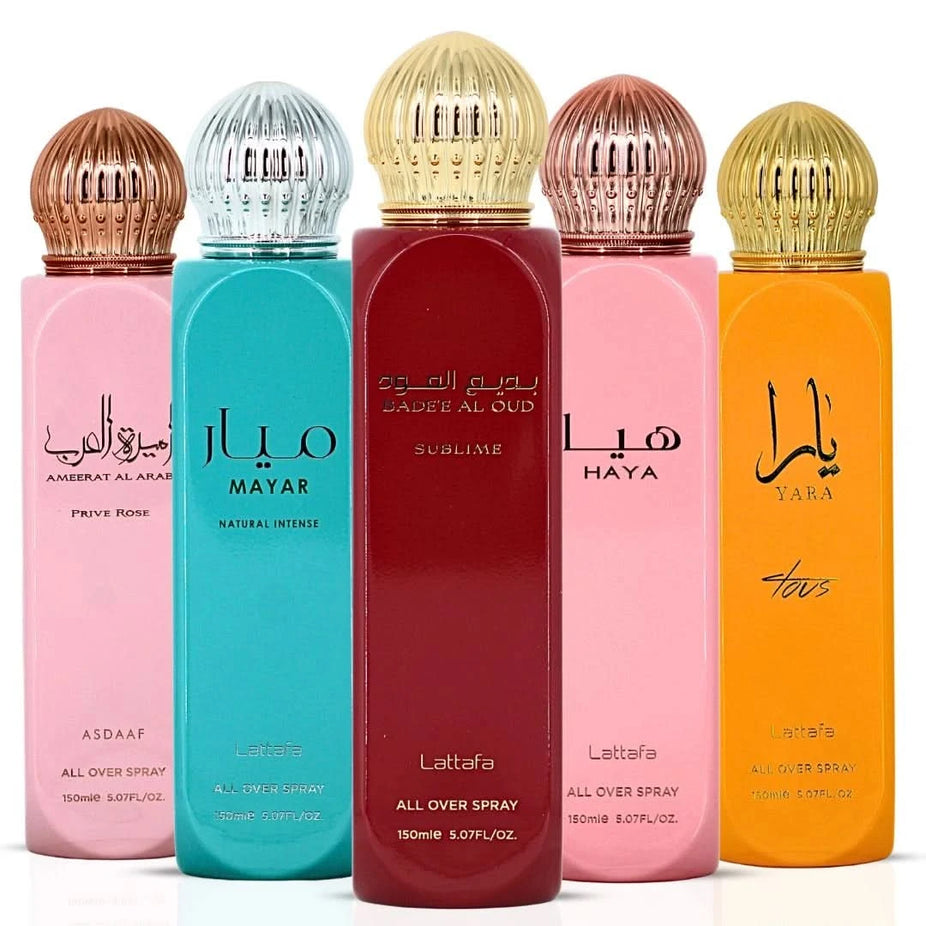Lattafa Bade'e Al Oud Sublime, Yara Tous, Haya, Ameerat Al Arab Prive Rose & Mayar natural all-over sprays bundle, 150ml each