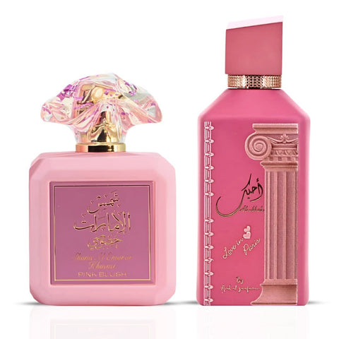 Bundle of Ard Al Zaafaran Pink Blush Shams Al Emarat and Love In Paris Eau de Parfum sprays, 100ml each, featuring floral and oriental scents.