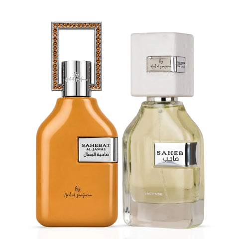 Bundle of Ard Al Zaafaran Saheb Intense and Sahebat Al Jamal Eau de Parfum sprays, 70ml each, with elegant perfume bottles.
