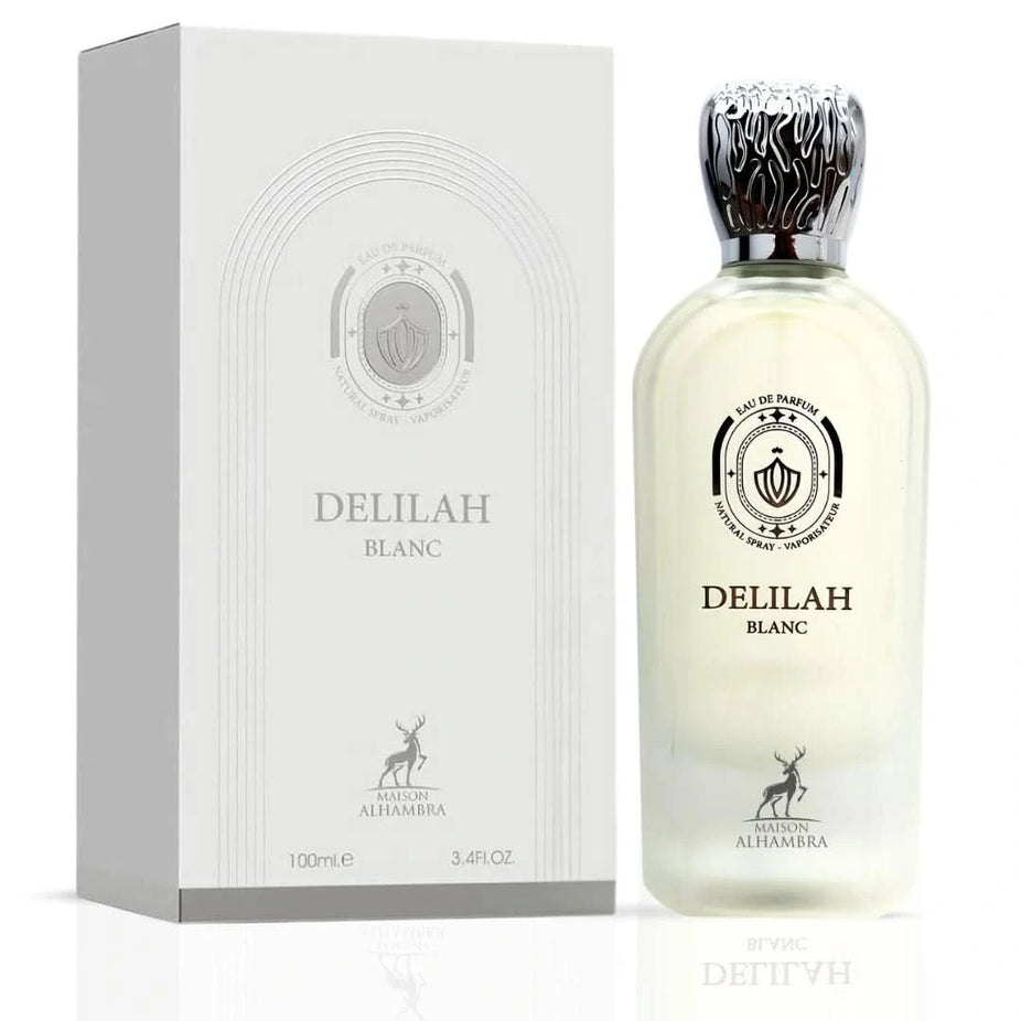 Delilah Blanc Eau de Parfum spray by Maison Alhambra, 100ml bottle with elegant packaging and floral design.