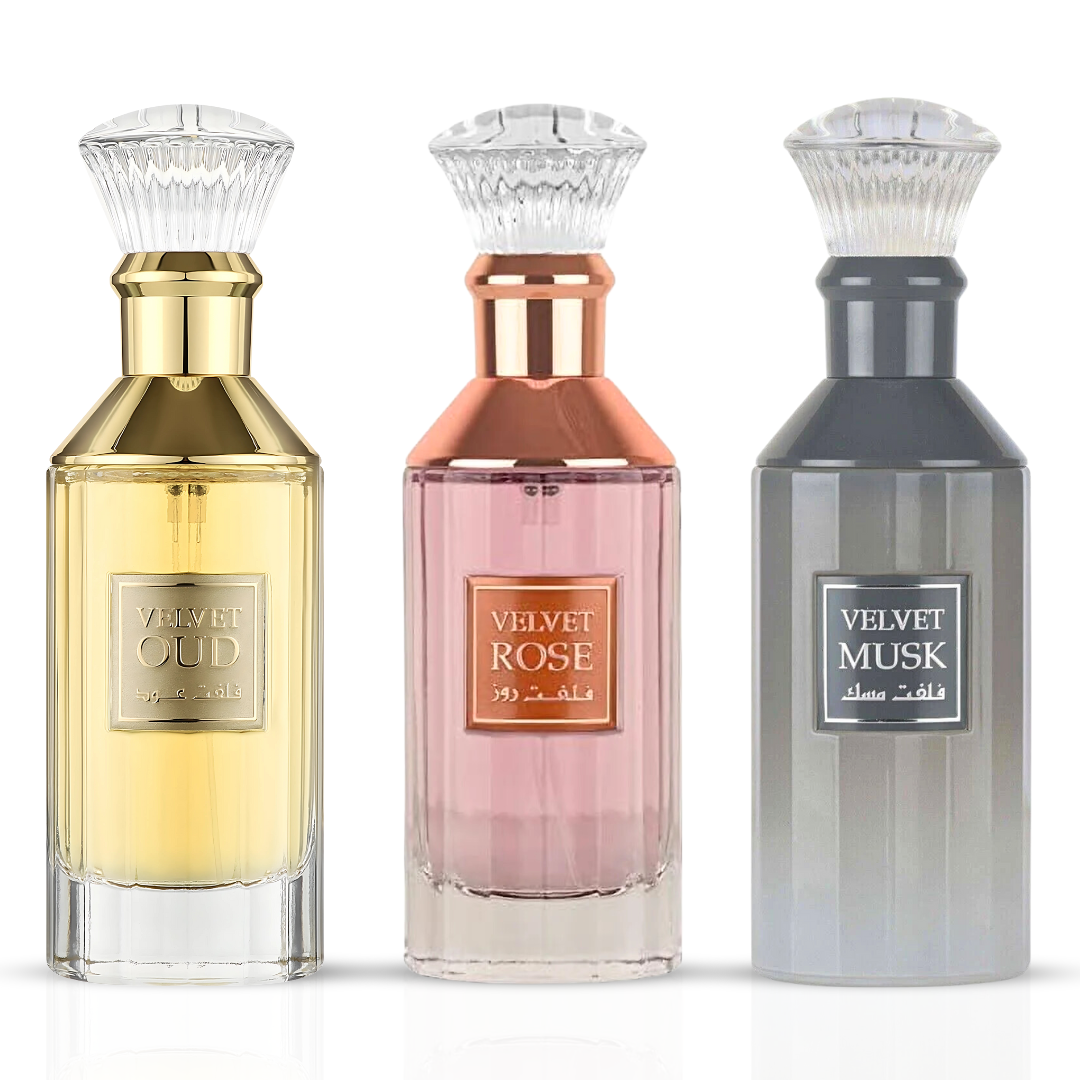 Velvet Oud, Velvet Rose & Velvet Musk Eau De Parfum Sprays 100ML (3.4 OZ) By Lattafa | A Luxurious Trio Of Rich Oud, Bold Florals & Soft Musk. (Bundle) - Intense Oud