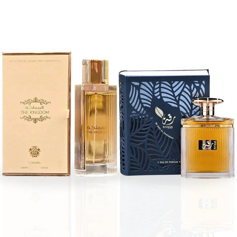 Bundle of Intense Oud The Kingdom for Women by Lattafa and Riqqa by Ard Al Zaafaran eau de parfum sprays, 100ml each.