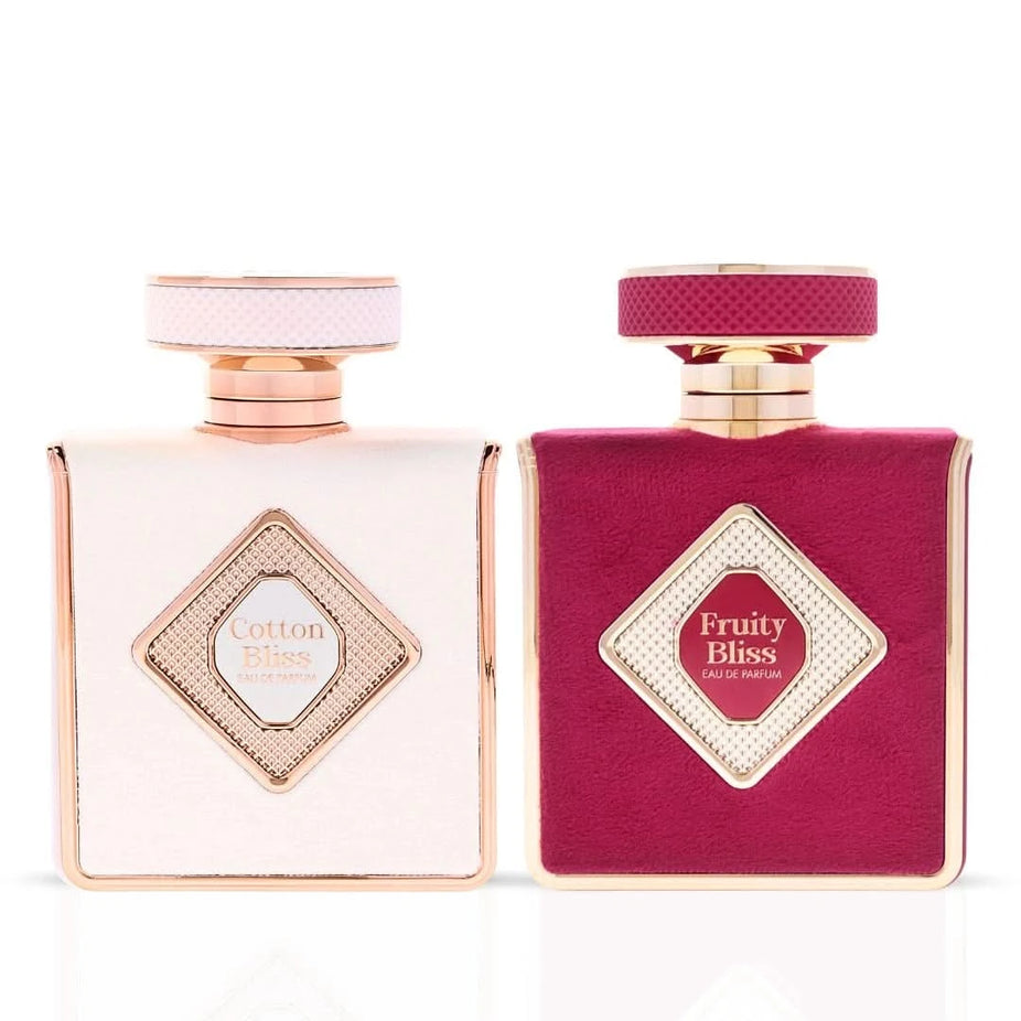 Bundle of RISALA Cotton Bliss and Fruity Bliss Eau de Parfum sprays, 100ml each, featuring elegant glass bottles and colorful fragrance labels.