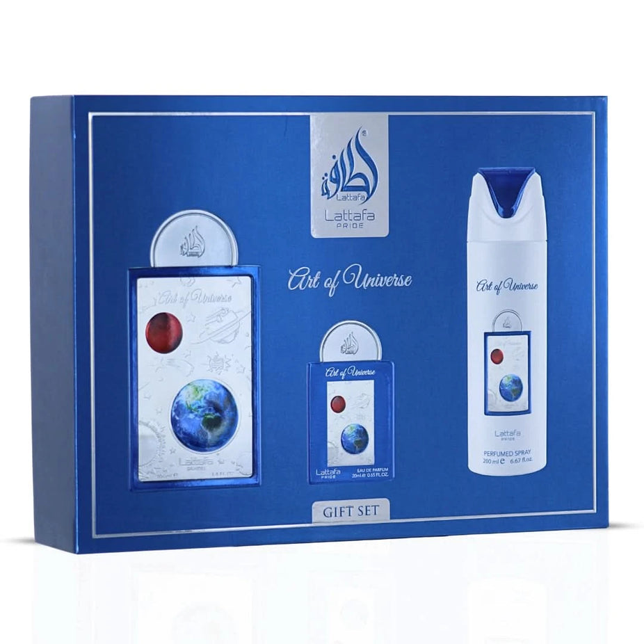 Lattafa Pride Art of Universe 3-piece perfume gift set with elegantly designed bottles and packaging.