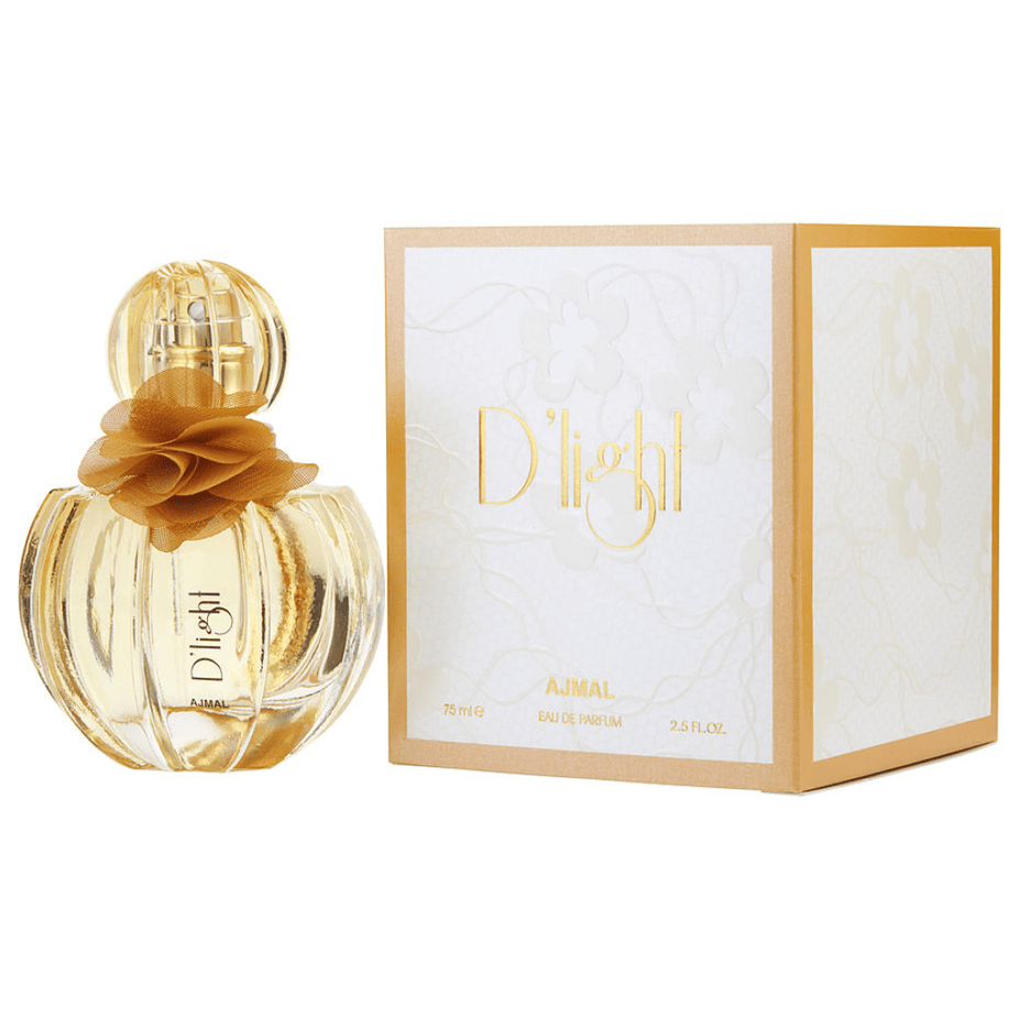 Ajmal D'Light for Women Eau De Parfum 75ml bottle with elegant packaging and floral design.