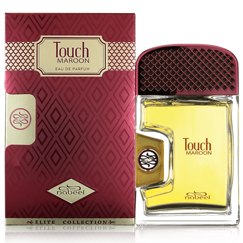 Touch Maroon Eau De Parfum by Nabeel Perfumes in an 80ML bottle, featuring a rich maroon-colored cap and elegant fragrance design.