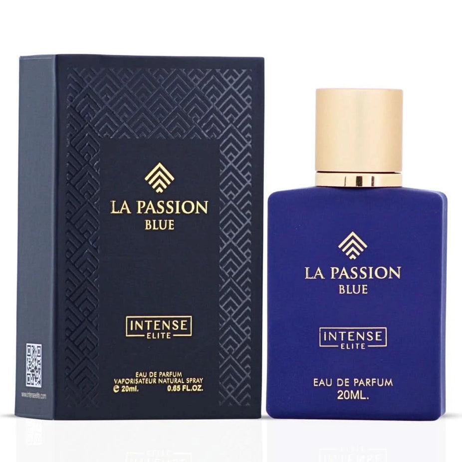 Intense Elite La Passion Blue Eau de Parfum spray, 20ml, featuring elegant blue bottle and sophisticated design.