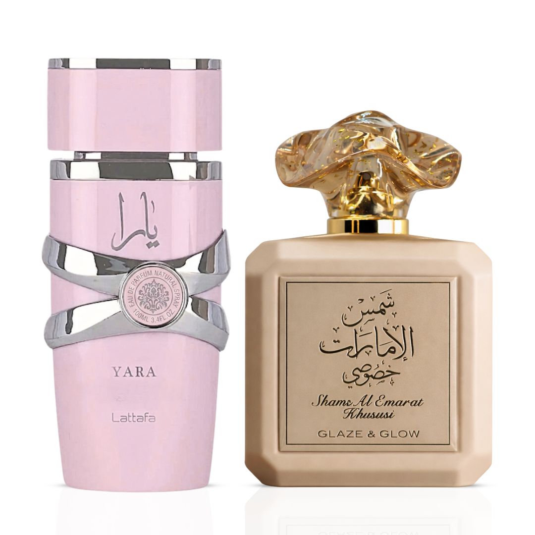 Yara Eau de Parfum Spray 100ml (3.4 oz) by Lattafa & Shams Al Emarat Khususi Glaze & Glow Eau de Parfum Spray 100ml (3.4 oz) by Ard Al Zaafaran (Bundle)