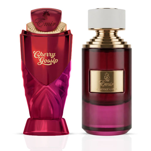 Paris Corner Cherry Gossip & Cherry Cola Eau de Parfum bundle with two 100ml spray bottles, featuring cherry scent designs.
