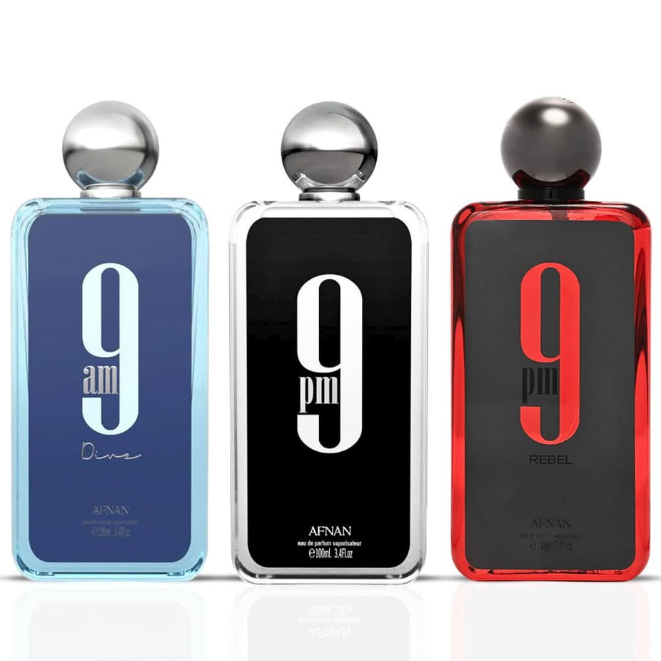 Afnan 9PM, Rebel, and 9AM Dive Eau de Parfum sprays in a 100ml bundle, featuring sleek bottles with elegant fragrance designs.
