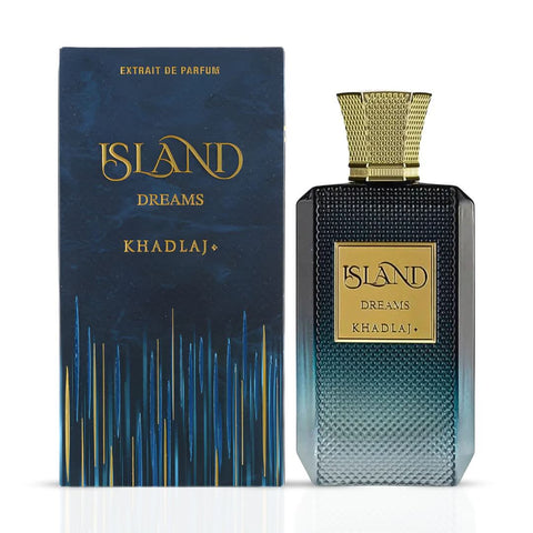Khadlaj Island Dreams Eau de Parfum spray 100ml bottle, elegant glass with floral and tropical fragrance design.