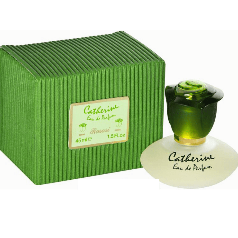 Catherine Women EDP by Rasasi, 45ml bottle, elegant perfume with floral and woody notes, in a sleek glass bottle.