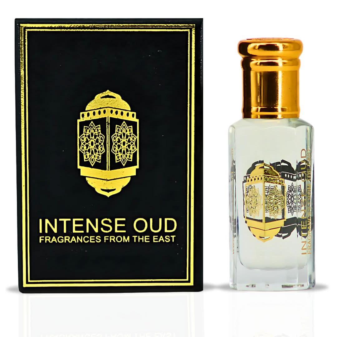 Intense Oud Musk Abiyad Perfume Oil 12ml in a black gift box, featuring a clear glass bottle with a black cap and elegant design.