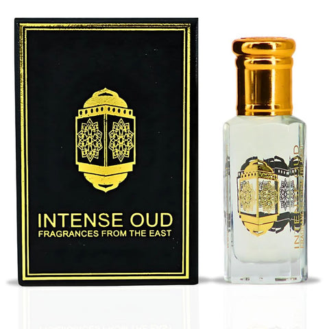 Intense Oud Musk Abiyad Perfume Oil 12ml in a black gift box, featuring a clear glass bottle with a black cap and elegant design.