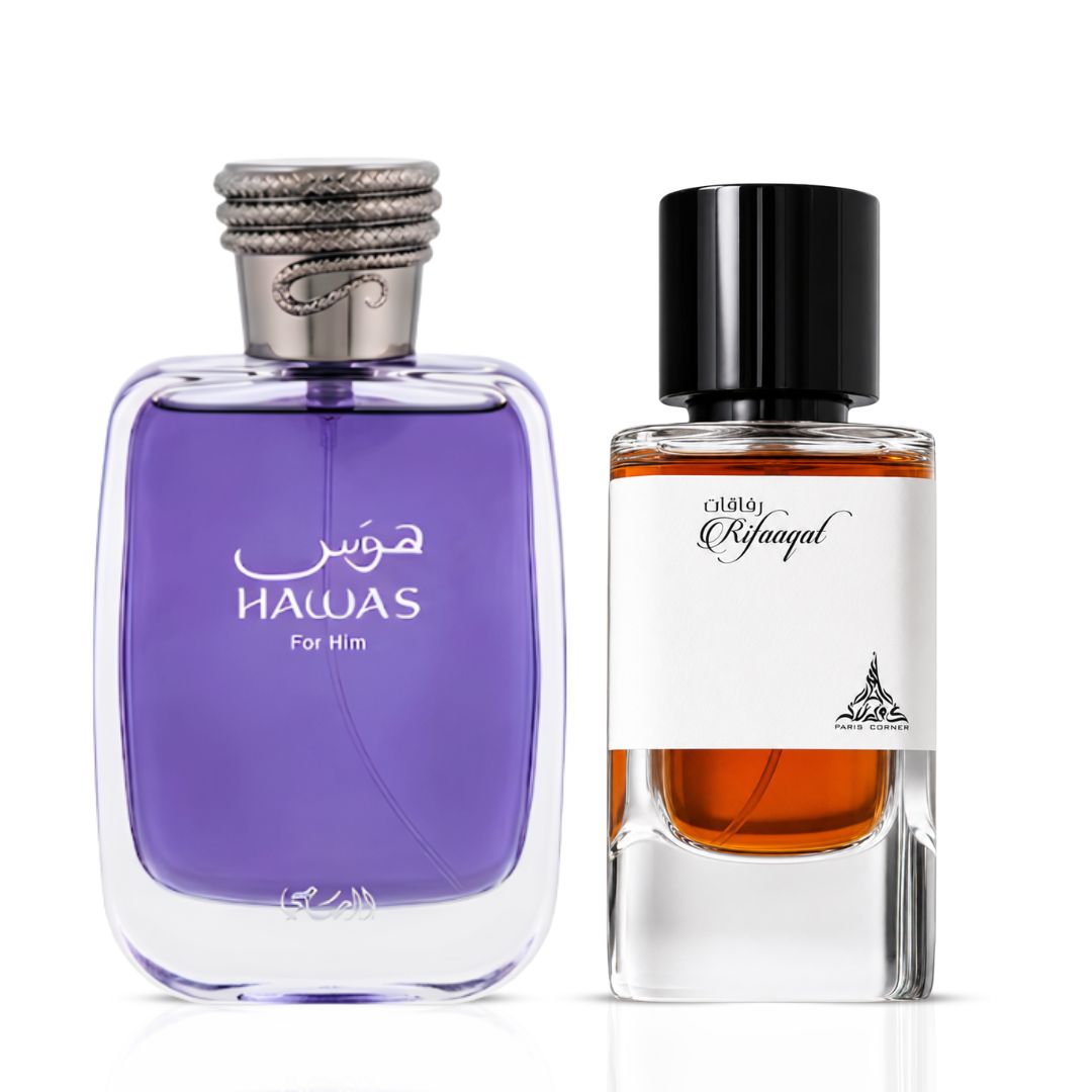 Hawas for Men 100ml (3.4 oz) by Rasasi & Rifaaqat 80ml (2.7 oz) by Paris Corner Eau de Parfum Sprays (Bundle)