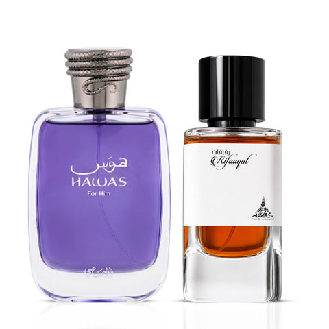 Hawas for Men 100ml (3.4 oz) by Rasasi & Rifaaqat 80ml (2.7 oz) by Paris Corner Eau de Parfum Sprays (Bundle)