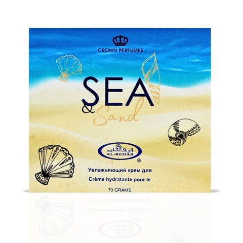 Sea & Sand Moisturizing Body Cream by Al Rehab in a 70g jar, showing the cream's smooth texture and packaging.