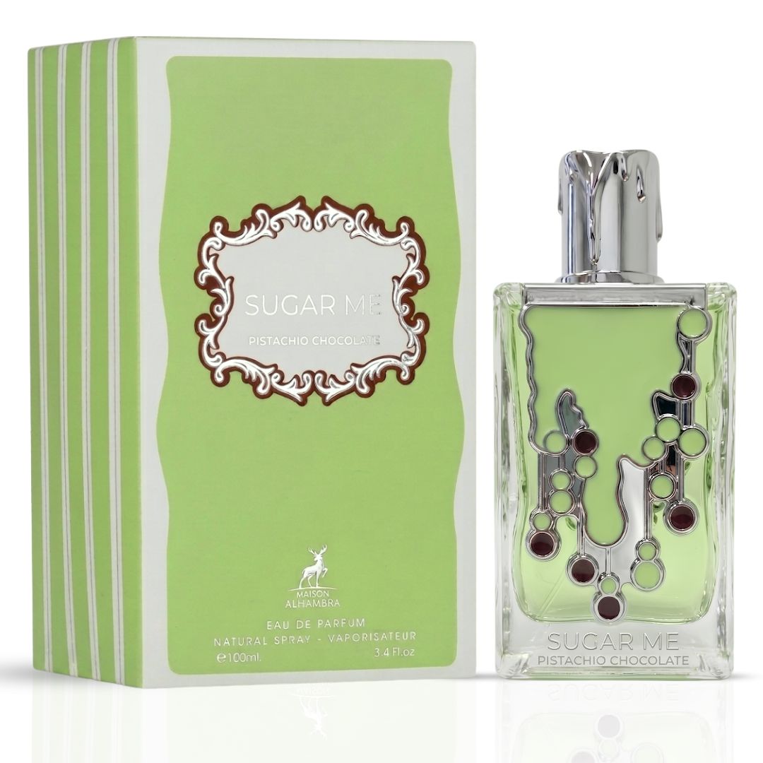 Maison Alhambra Sugar Me Pistachio Chocolate Eau de Parfum spray, 100ml, with a sleek perfume bottle and elegant packaging.