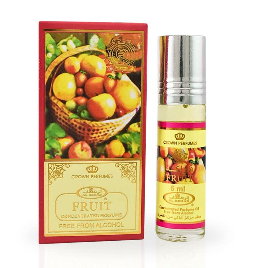 Al Rehab Fruit Perfume Oil CPO 6ml bottle with vibrant fruit illustrations on the packaging.