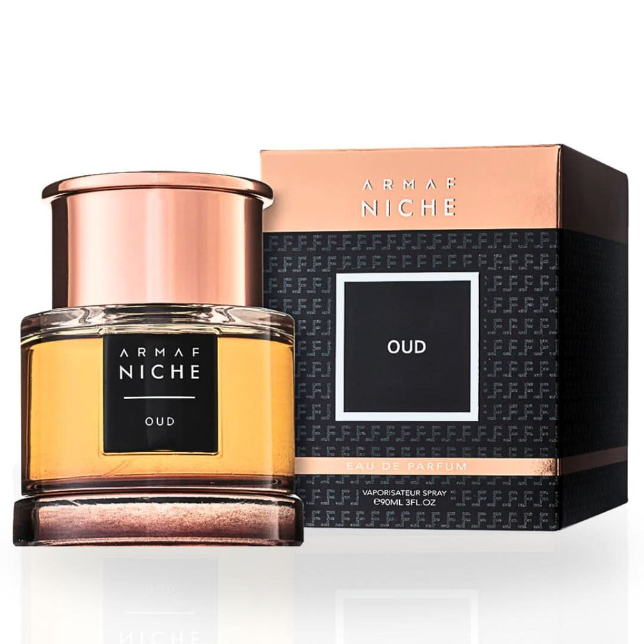 Armaf Niche Oud EDP spray bottle with elegant packaging, showcasing luxurious signature Arabian scent and long-lasting fragrance.