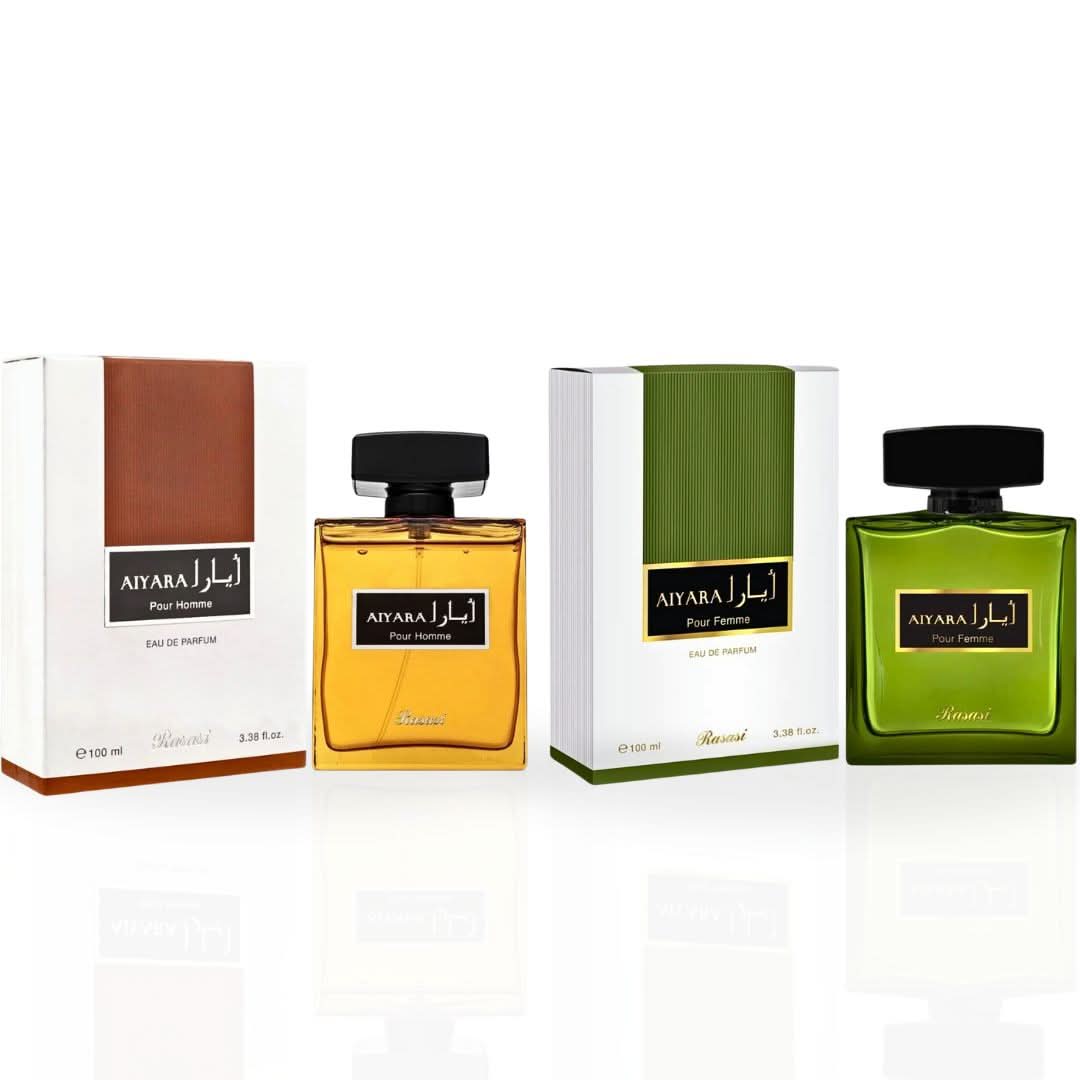 Rasasi Aiyara Pour Homme and Femme Eau de Parfum spray bundle, 100ml each, featuring sleek bottles with elegant designs.