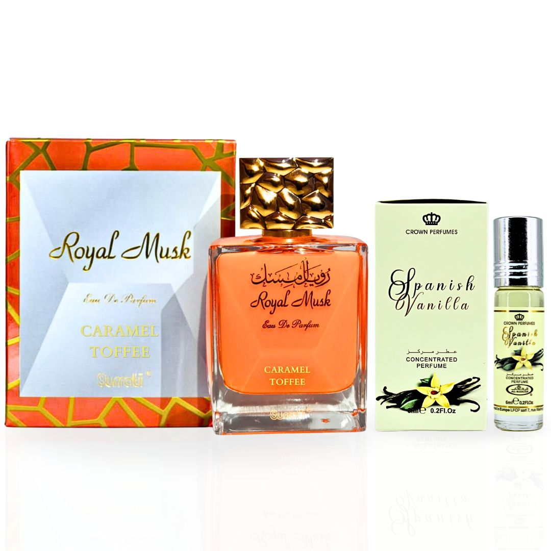 Royal Musk Caramel Toffee EDP Spray 100ML (3.4 OZ) By Surrati & Spanish Vanilla Perfume Oil 6ML (0.2 OZ) By Al Rehab | Sweet, Creamy & Indulgent Scents.  (BUNDLE) - Intense Oud