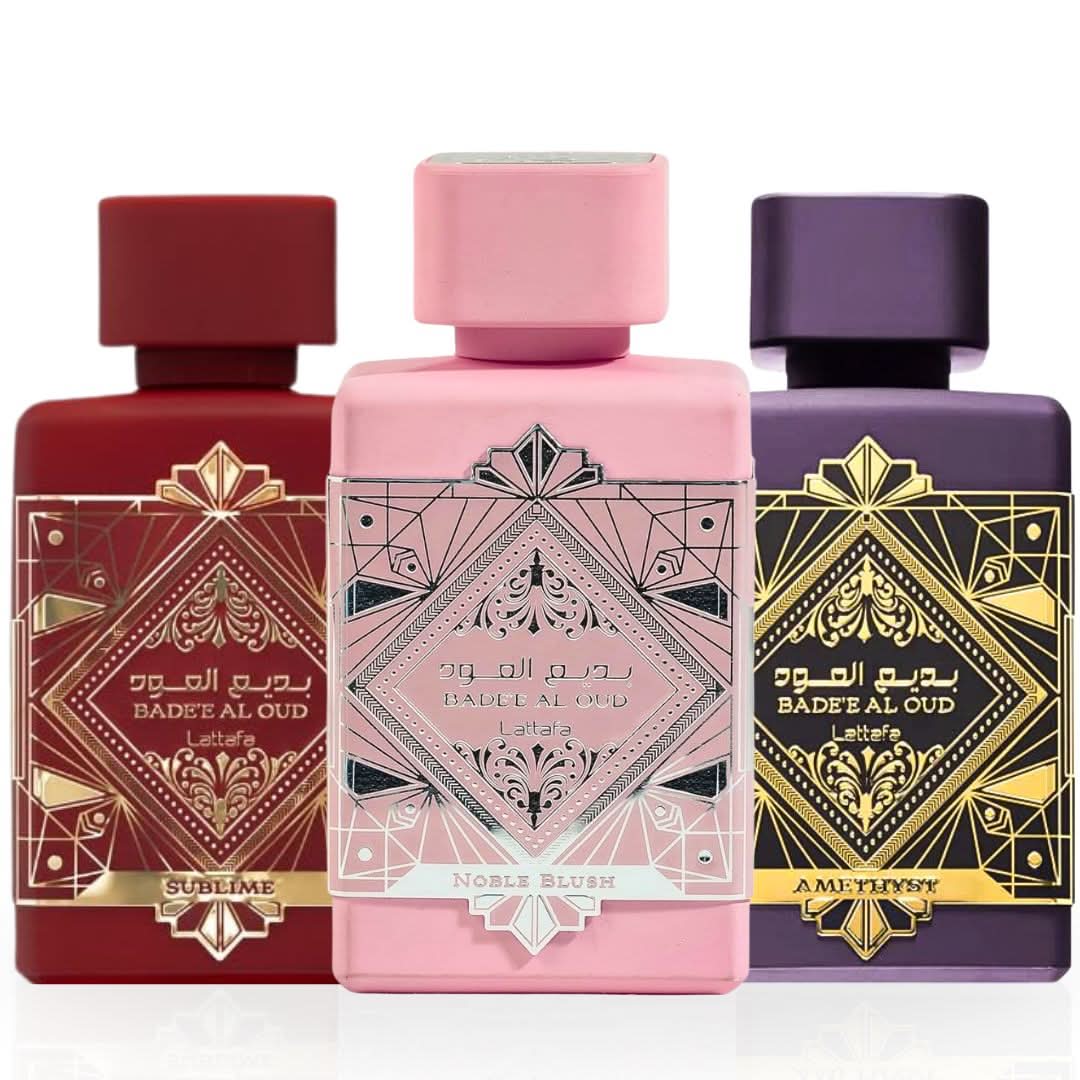 Lattafa Bade'e Al Oud Noble Blush, Amethyst, Sublime Eau de Parfum bundle with three 100ml spray bottles, elegant packaging.