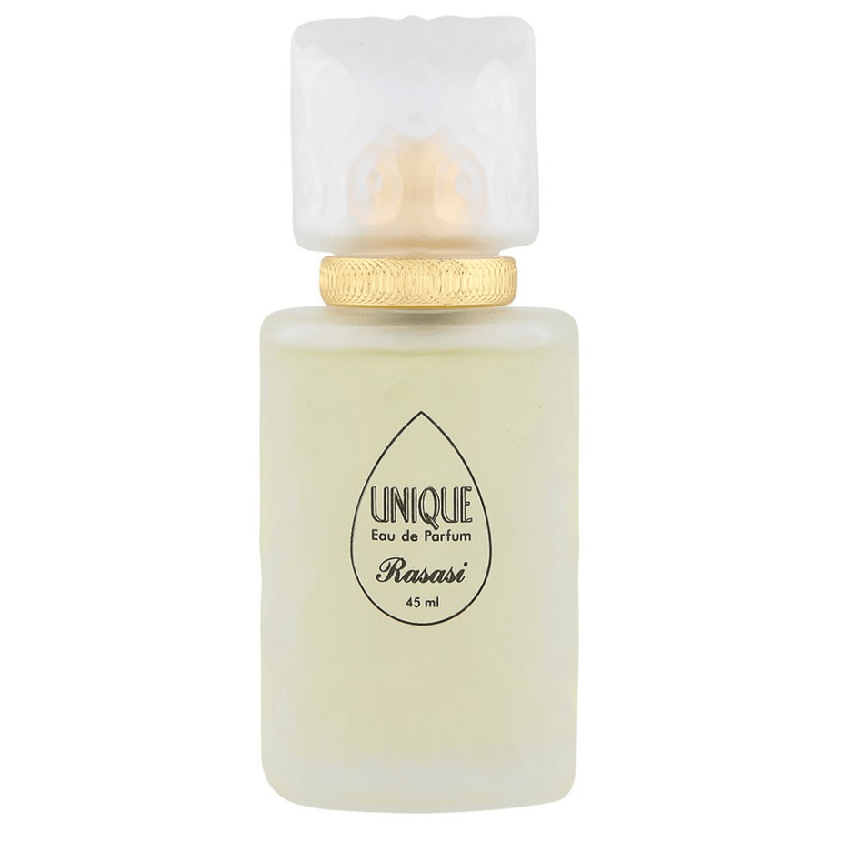Rasasi Unique EDP Eau De Parfum 45ml bottle with elegant design and fragrance details visible in the image