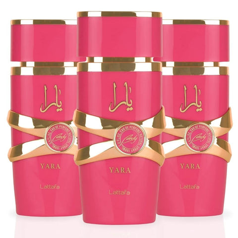 Three bottles of Yara Candy Eau de Parfum Spray by Lattafa in a value pack, showcasing the 100ml (3.4 oz) perfume bottles.