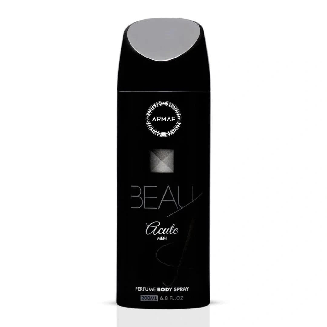 Armaf Beau Acute deodorant spray 200ml bottle with sleek design and clear label, shown on a white background.