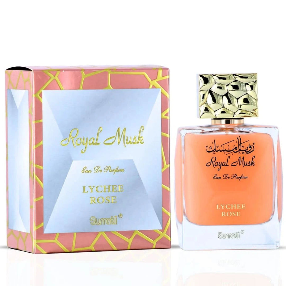 Surrati Royal Musk Lychee Rose Eau de Parfum spray 100ml with floral and fruity scent, elegant perfume bottle.
