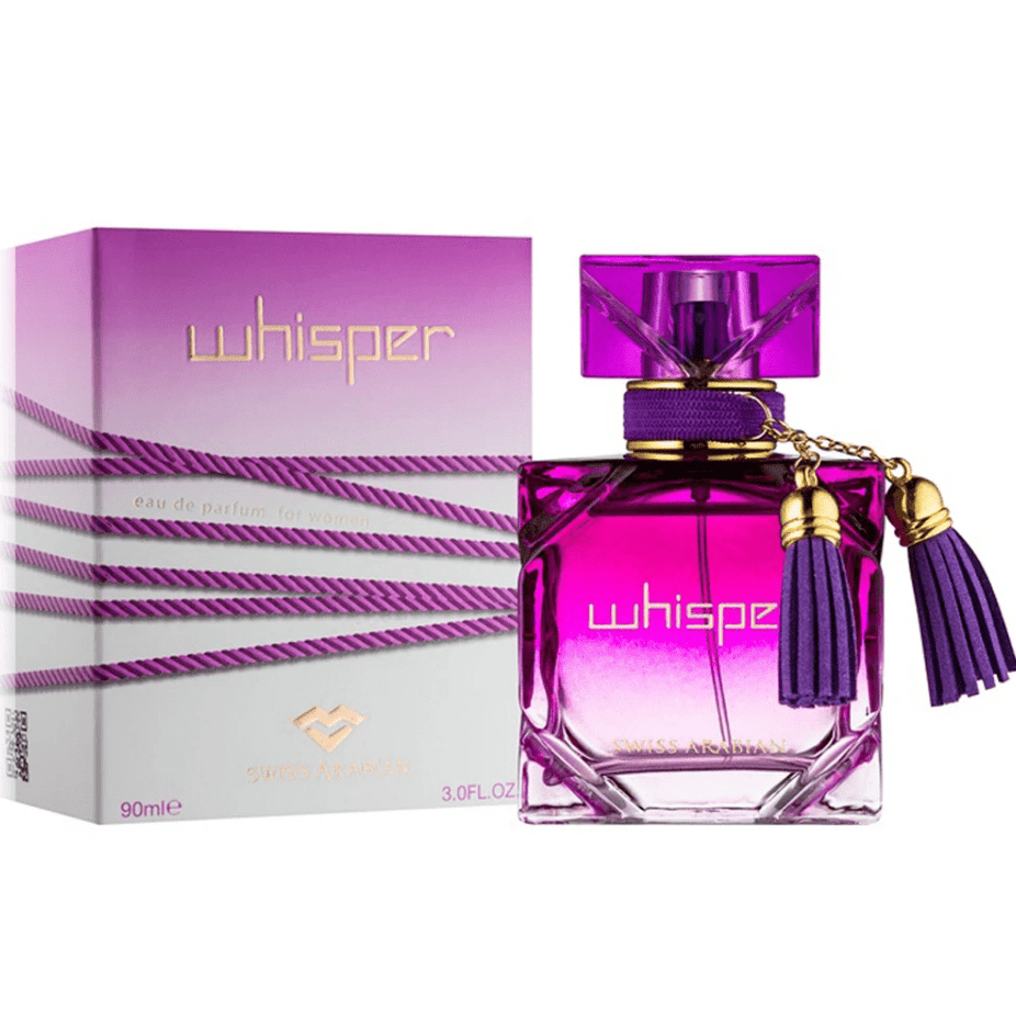 Swiss Arabian Whisper for Women Eau De Parfum 90ml bottle, elegant fragrance bottle with floral and oriental design.