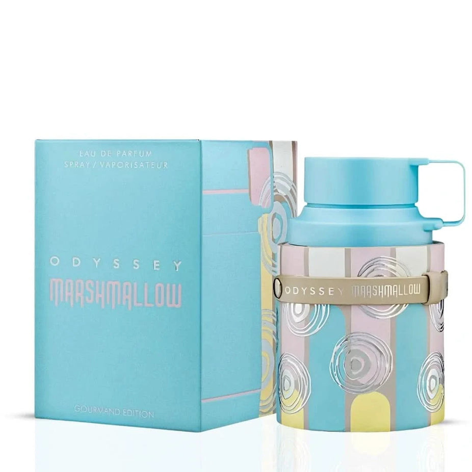 Armaf Odyssey Marshmallow Gourmand Edition Eau De Parfum spray 100ml with elegant bottle design and soft pastel accents.