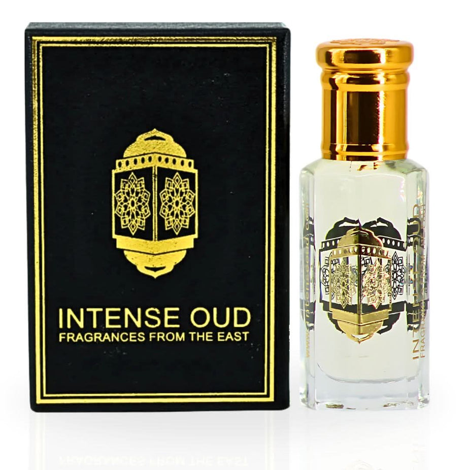 Intense Oud Cool Bleu men's perfume oil in 12ml bottle with black gift box, featuring a sleek, amber-colored loose oil container.