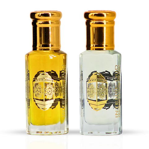Bundle of Fawaken & Noble Fruits perfume oils by Intense Oud in 12ml bottles with black gift box, showcasing elegant packaging.