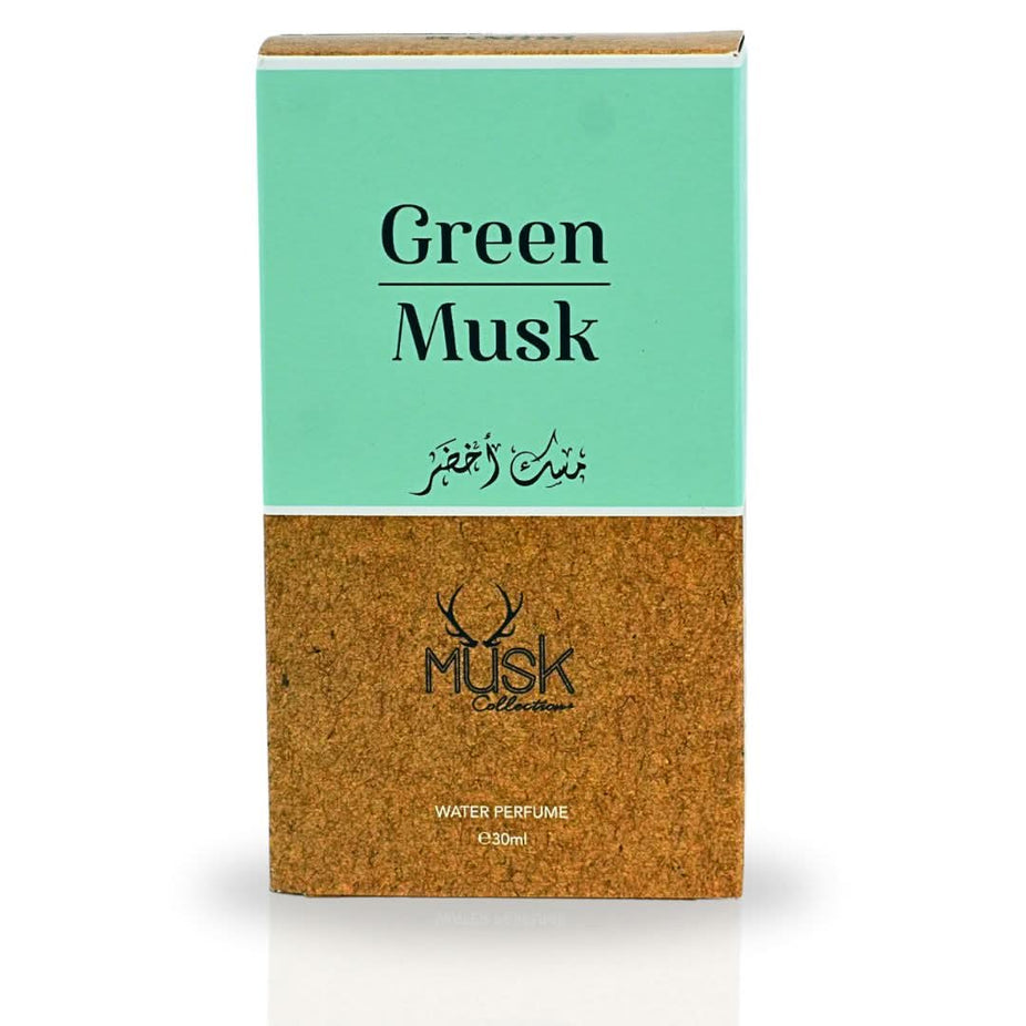 Hamidi Green Musk Water Perfume Spray 30ml with vibrant green liquid in a sleek glass bottle, showcasing refreshing and invigorating aroma.