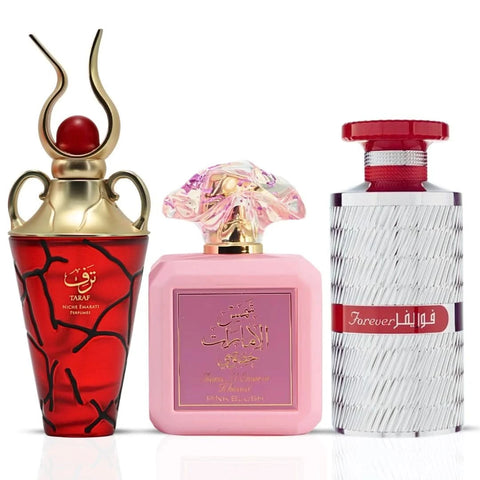 Bundle of Lattafa Eau de Parfum sprays featuring Pink Blush & Forever Silver by Ard Al Zaafaran and Niche Emarati Taraf, 100ml each.