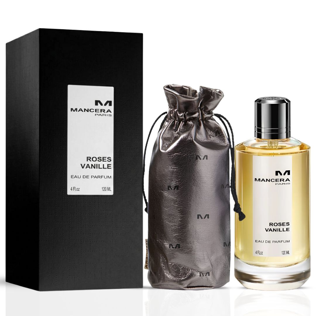 Mancera Roses Vanille Eau de Parfum spray bottle with elegant floral design, 120ml, showcasing the luxurious fragrance.