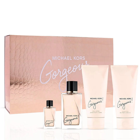 Michael Kors Gorgeous 4Pc Gift Set (3.4oz EDP Spray, 3.4oz Body Lotion, 3.4oz Shower Gel, 5ml EDP Spray) | Spicy Citrus, Bold Florals, Warm Woody Depth - Intense Oud