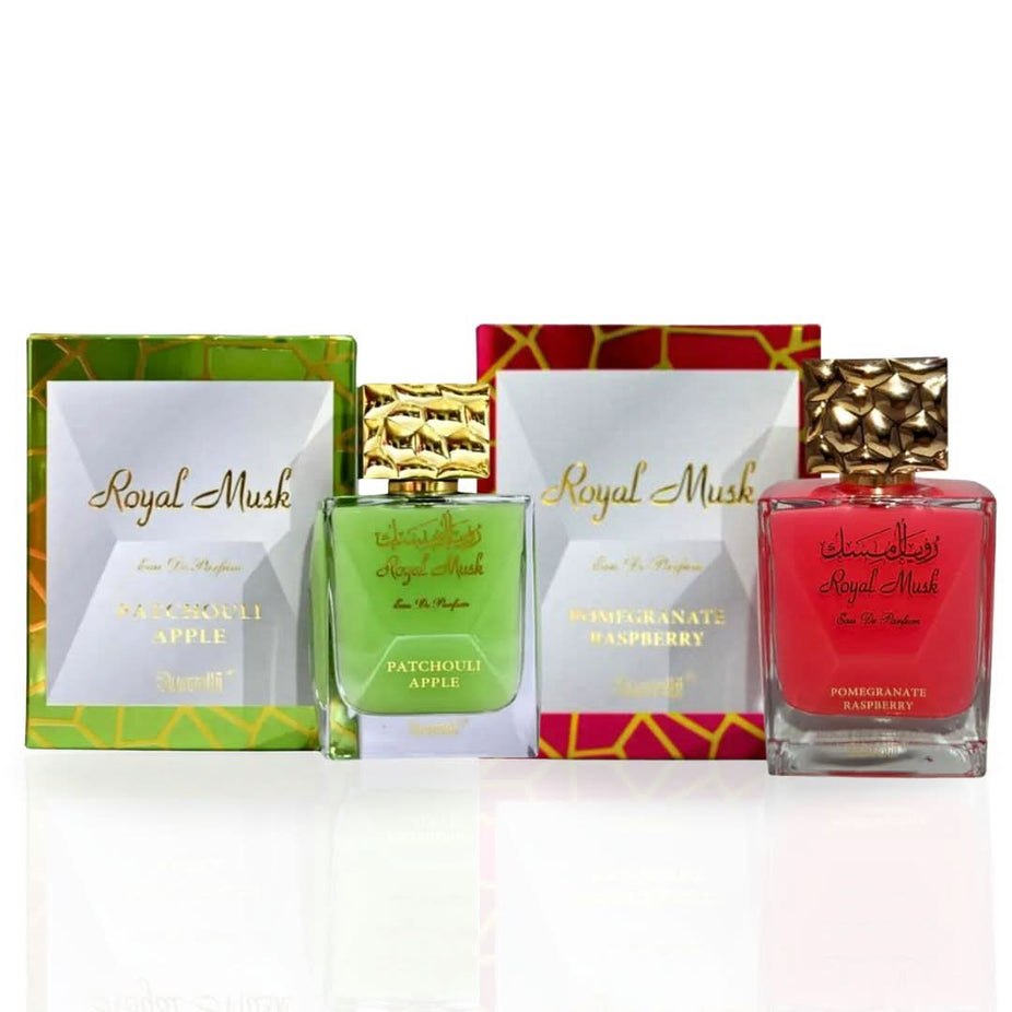 Surrati Royal Musk Pomegranate Raspberry and Patchouli Apple Eau De Parfum sprays in 100ml bottles, elegant packaging with floral and fruity accents