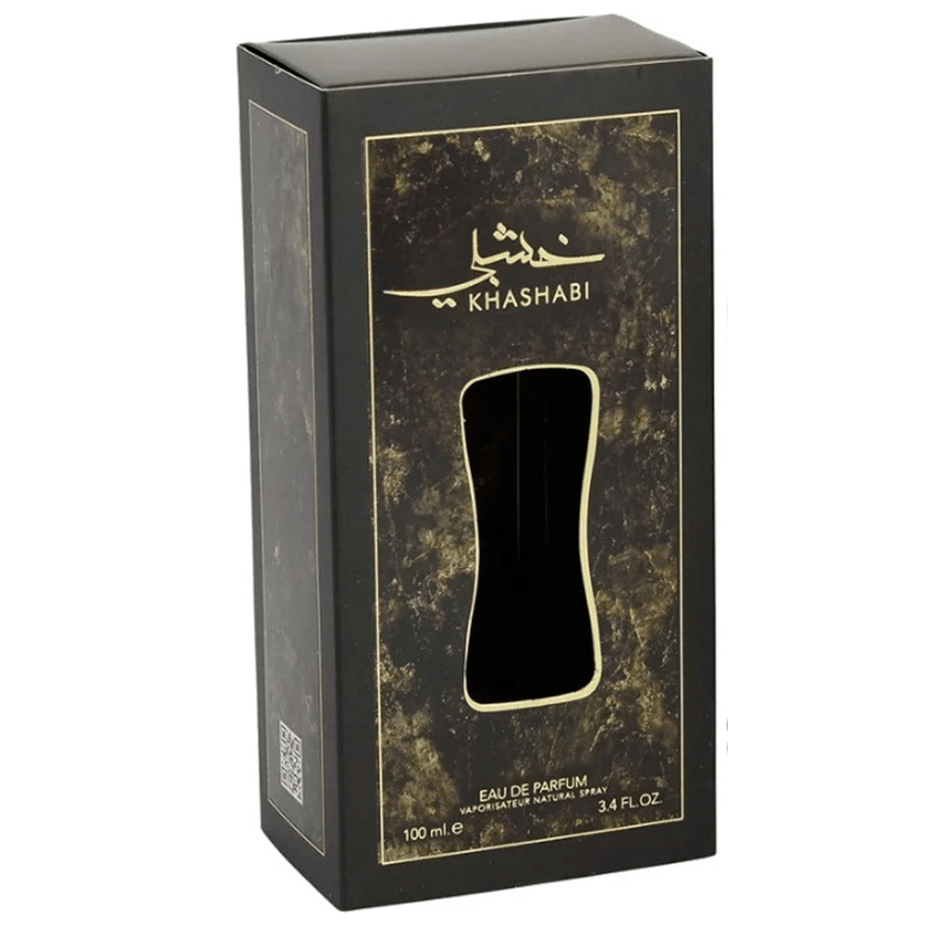 Lattafa Khashabi Eau De Parfum 100ML bottle with elegant packaging, showcasing the luxurious fragrance and brand logo.