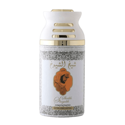 Lattafa Sheikh Al Shuyukh 3-piece unisex deodorant set with 250ml bottles, featuring luxe Khususi scent and elegant packaging.