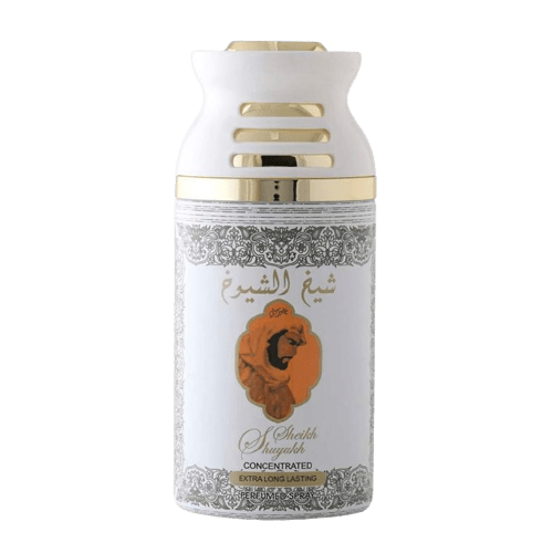 Lattafa Sheikh Al Shuyukh 3-piece unisex deodorant set with 250ml bottles, featuring luxe Khususi fragrance and elegant packaging.