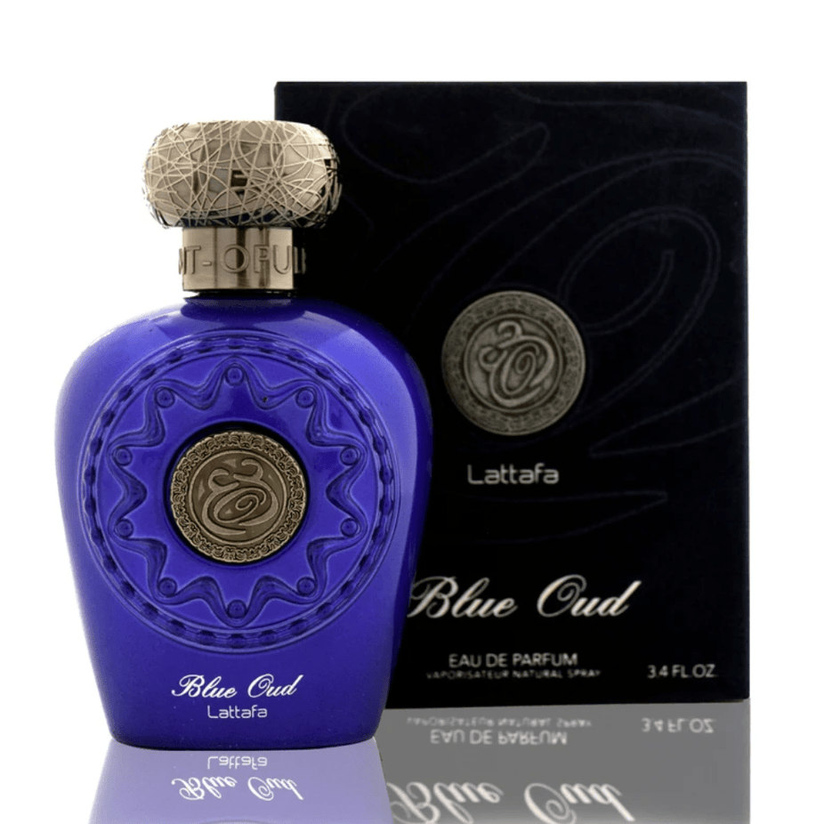 Lattafa Opulent 3-Piece EDP set including Opulent Musk, Opulent Oud, and Blue Oud, featuring 100ml unisex Eau De Parfum bottles.