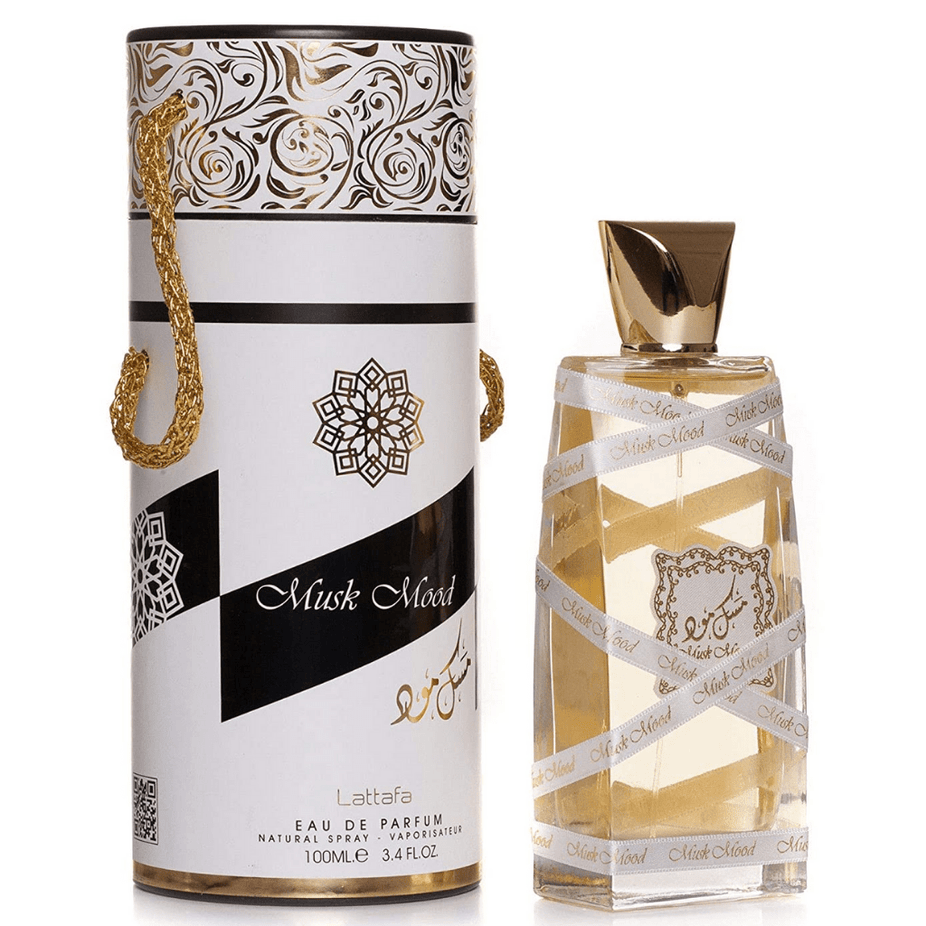Lattafa Oud Mood Elixir Eau De Parfum bottle with elegant packaging, 100ml, featuring notes of musk, reminiscence, and oud.