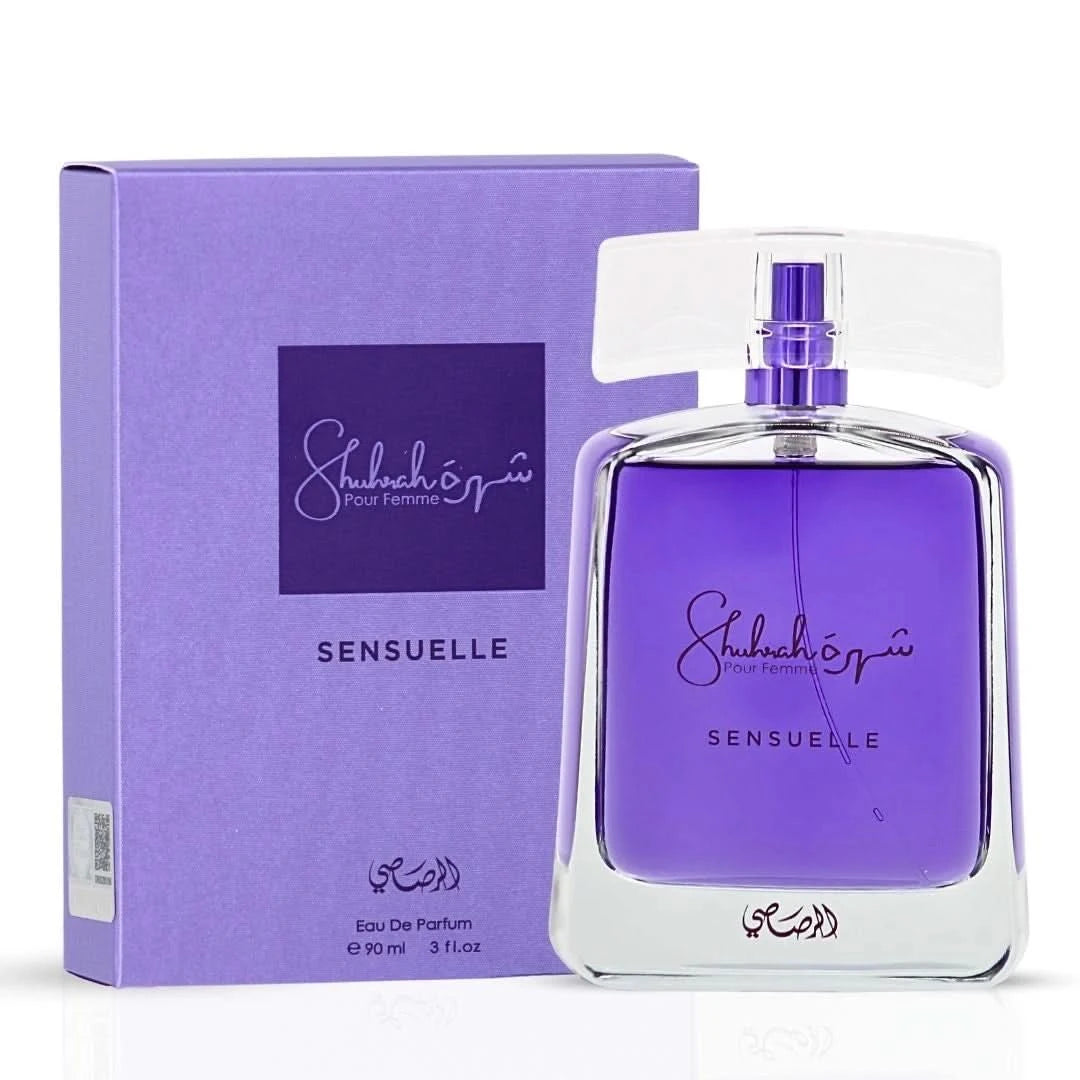 Rasasi Shuhrah Sensuelle Pour Femme Eau de Parfum spray bottle, 90ml, with elegant packaging and floral fragrance accents.