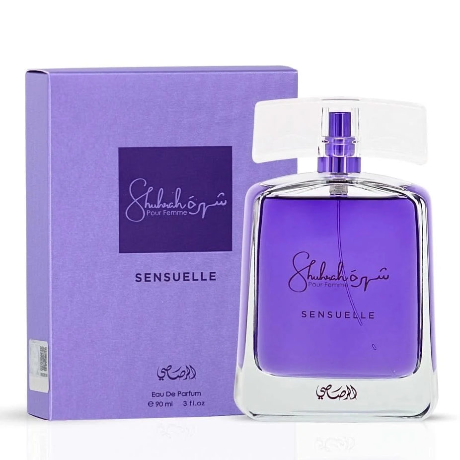 Rasasi Shuhrah Sensuelle Pour Femme Eau de Parfum spray bottle, 90ml, with elegant packaging and floral fragrance accents.