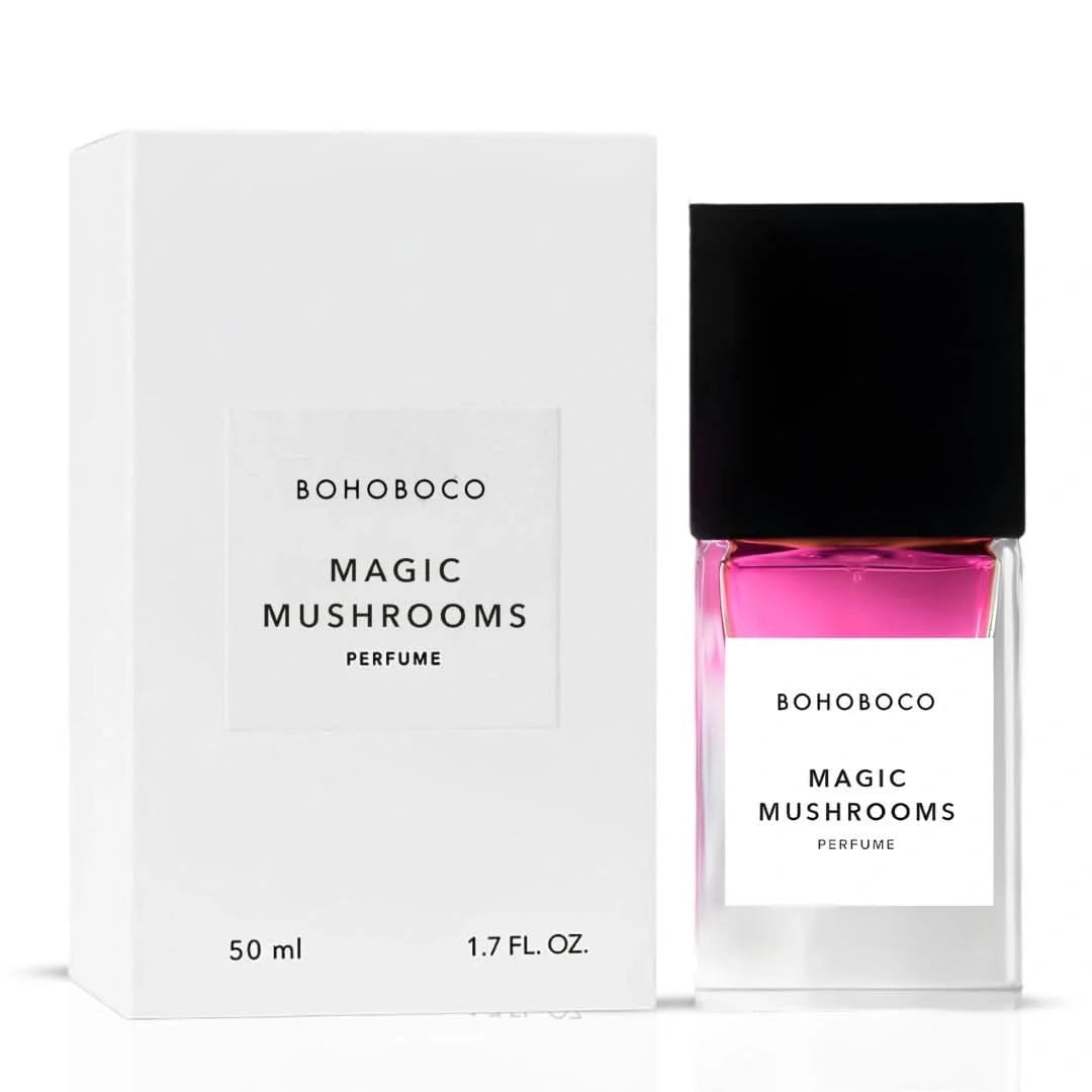 Bohoboco Magic Mushrooms Eau de Parfum spray bottle, 50ml, with elegant packaging and floral and woody scent notes.