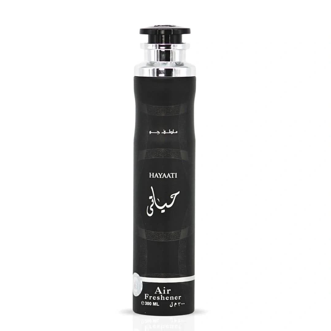 Lattafa Hayaati air freshener 300ml bottle with a sleek design, ready to refresh and scent indoor spaces naturally.