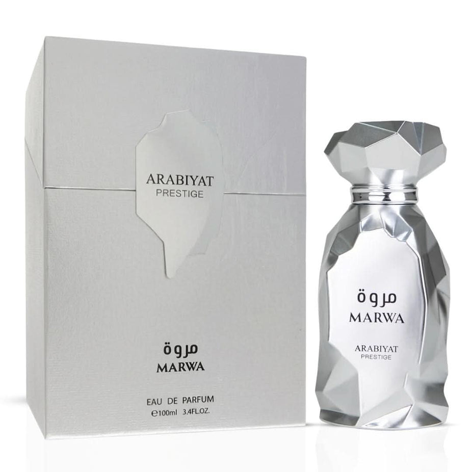 Arabiyat Marwa Eau de Parfum Spray 100ml bottle, elegant design with floral and woody notes, showcasing the Arabiyat Prestige fragrance